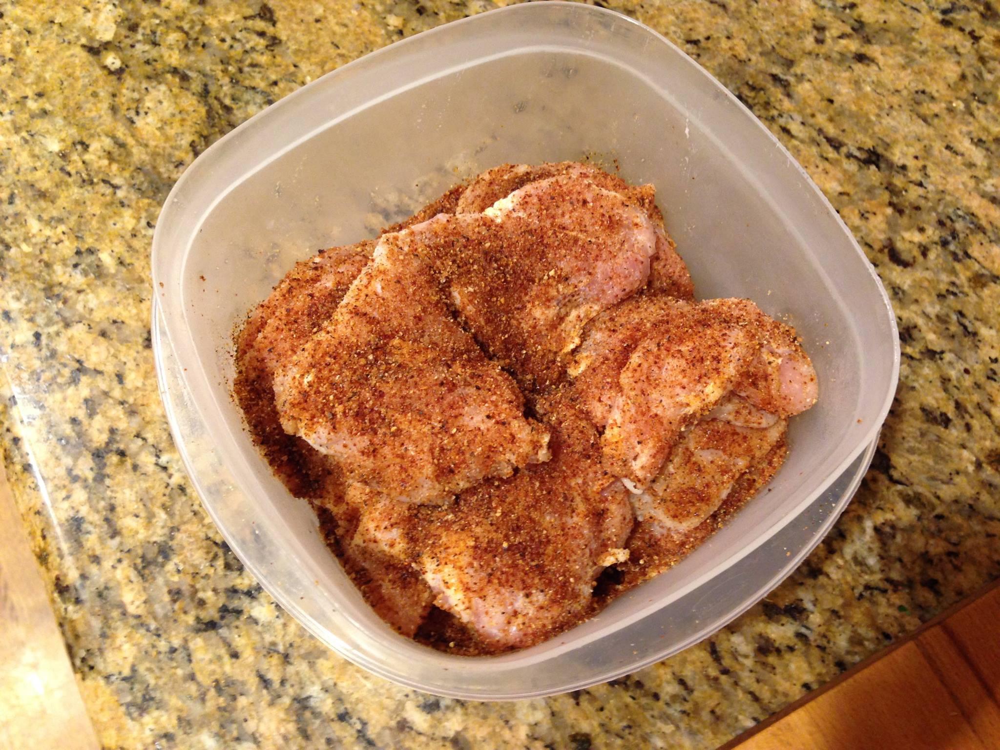 The chicken thighs after two hours of brining in the rub (in the fridge)