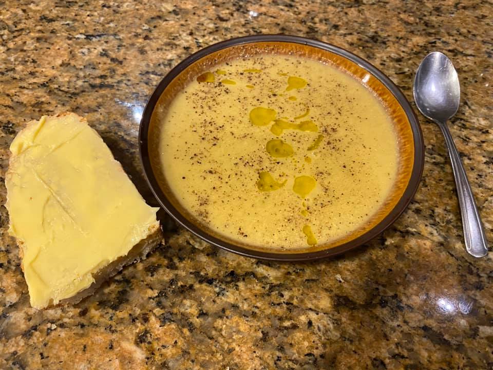 Lunch. Homemade cream of celery soup with a drizzle of extra-Virgi