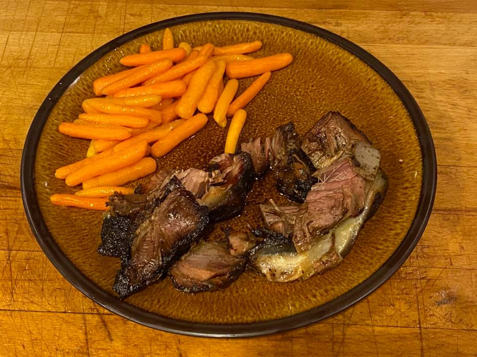 Main course: glazed carrots and smoked pork shoulder…