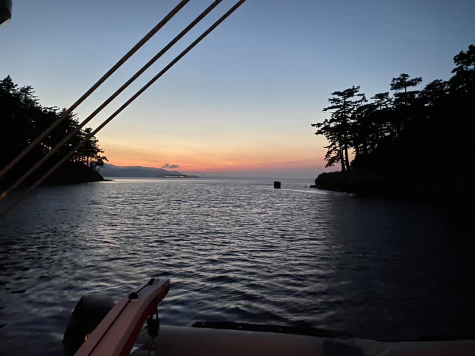 Anchored for the night in a little cove between two islands in the Sa