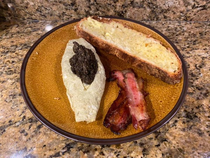 Brunch of French Omelet with Duxelles and Homemade Bacon